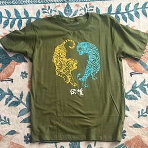 Olive Green Kids Short Sleeve Tee with Tiger Print